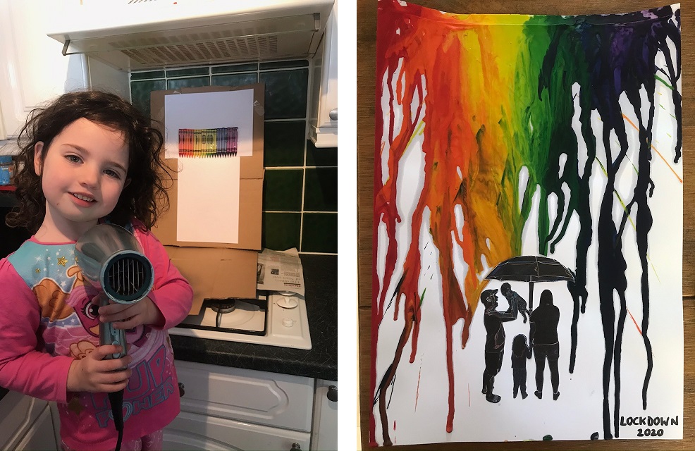 Finished crayon silhouette artwork and child holding hairdryer