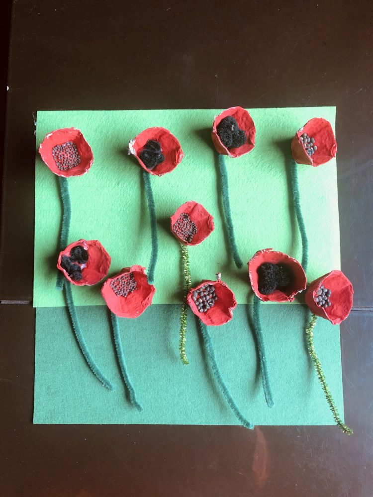 A photo of red egg carton craft poppies with green stems (pipecleaners) on green card