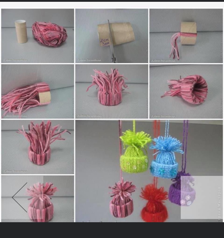 A photo breakdown showing steps to make christmas hat decorations, showing cardboard tubes and coloured wool. 