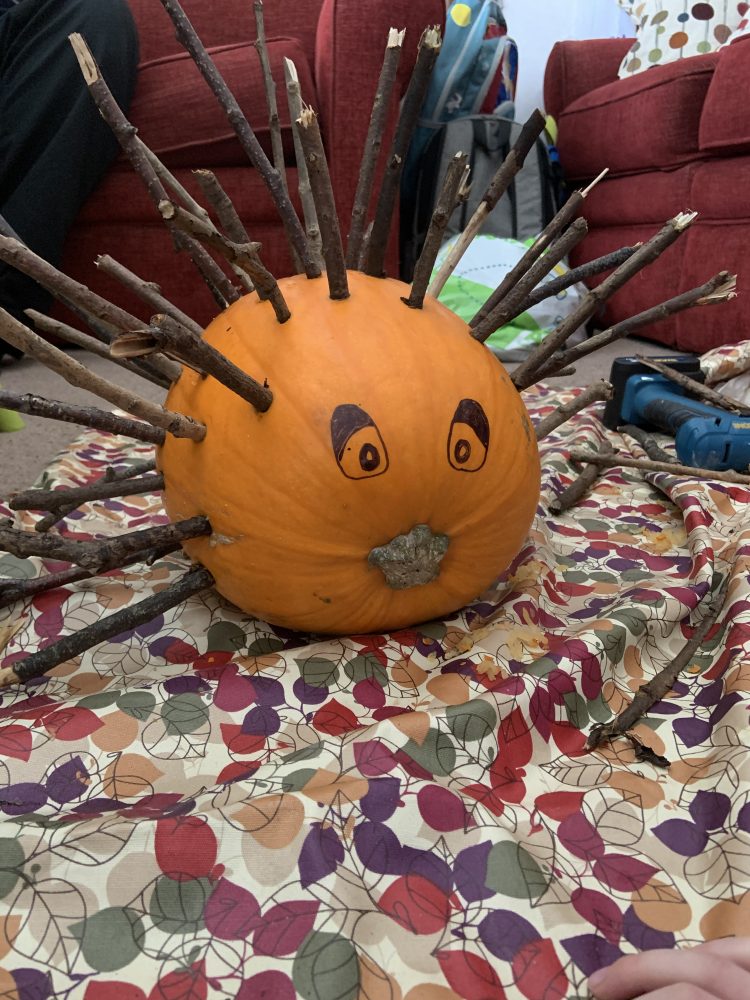 a photo of a pumpkin with sticks sticking out of it - like a hedgehog. eyes coloured on in. 