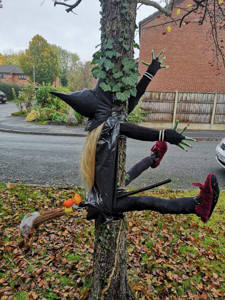 a photo of a witch on a broomstick that has crashed into a tree
