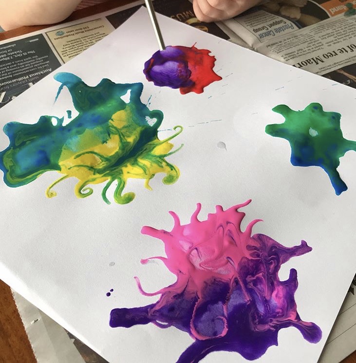 White paper with colourful paint splats on them.  