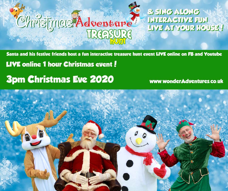 A picture of a reindeer, santa, snowman and elf advertising a treasure hunt