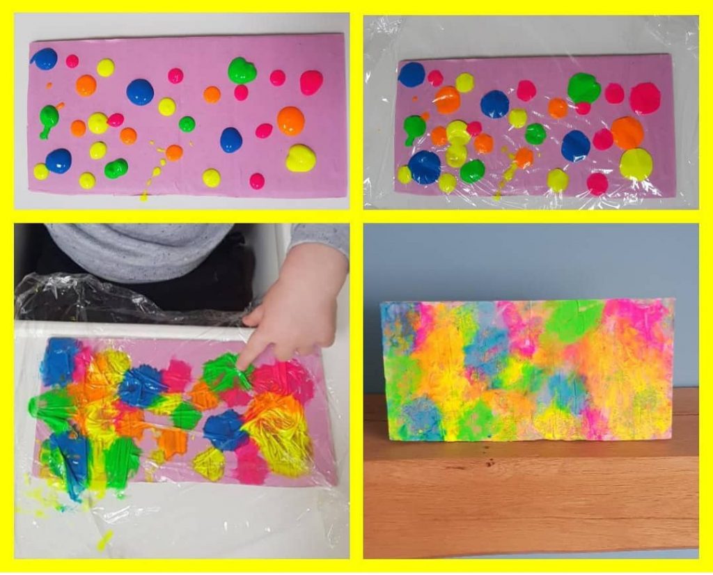 A photo collage of colourful clingfilm painting