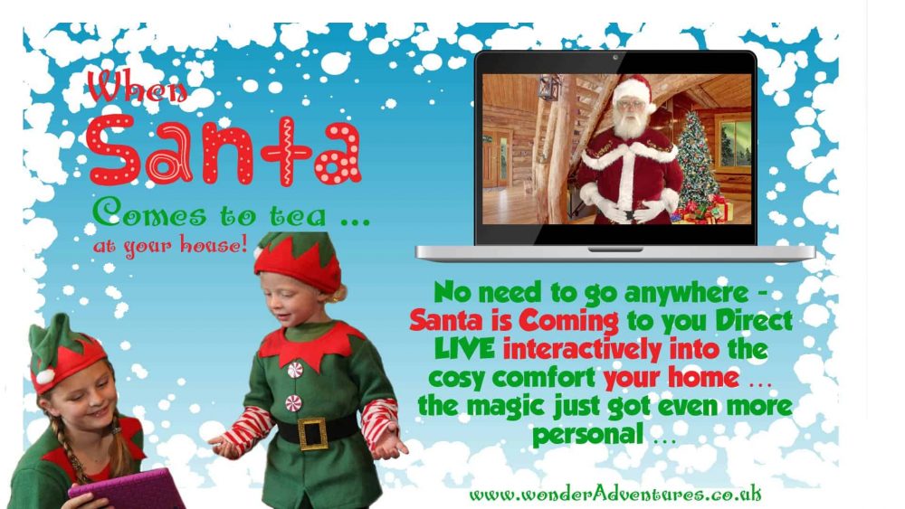 A picture of elves and santa advertising when santa comes to tea event